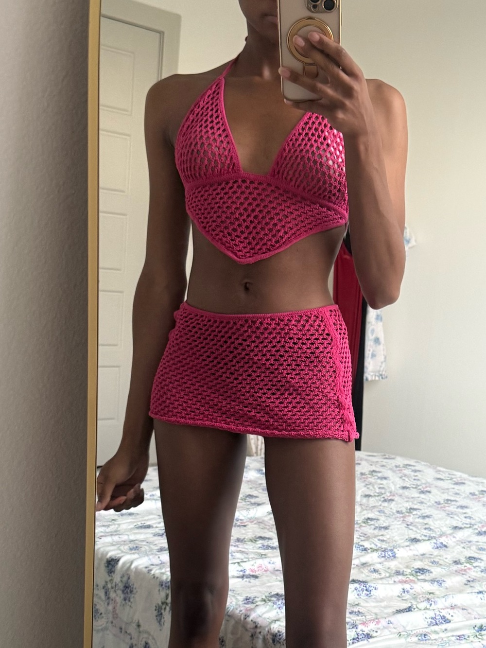 Voight Hot Pink Bon Bon Crochet Swim Coverup Set - Halter Top & Mini Skirt